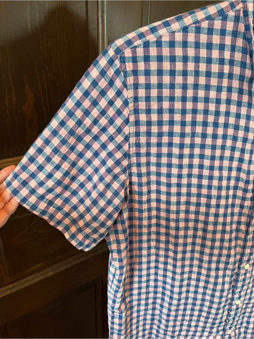 Banana Republic Camden Fit Short Sleeve Shirt 100% Linen Pink/Blue Check Size XL
